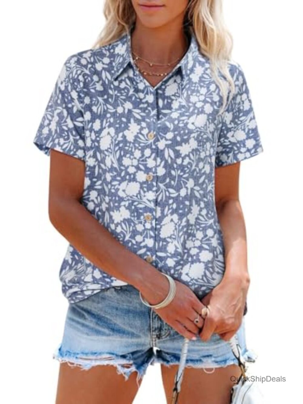 Linen Button Down Shirt Short Sleeve V-Neck Blouse Casual Beach Summer Top